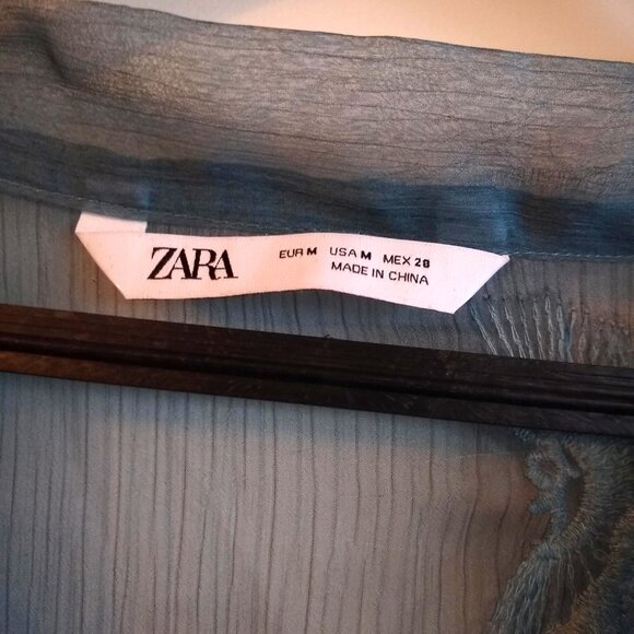 ZARA blue Elegant Sheer Embroidered Floral-Lace vneck dress NWOT - Picture 6 of 8